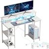 HOMCOM Scrivania per Computer Reversibile con Ripiani, 120x50 cm Scrivania da Ufficio con Prese Elettriche e Luci LED, Tavolo Porta PC da Studio con Doppio Supporto per Monitor, Bianco