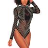KBOPLEMQ Body da donna in pizzo a maniche lunghe, jumpsuit sexy con scollo a V, body elegante a rete trasparente, modellante, top a camicia con scollo a V, intimo da club, Z4 nero., S