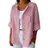 Generico Camicia Lino Donna Maniche Tre Quarti Girocollo Estiva Moda Camicie Elegante Blusa Casual con Bottoni e Tasca Camicetta da Spiaggia Classico Leggera Comoda Lavoro Viaggi Uso Quotidiano