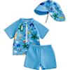 Carolilly Costume da bagno da bambino da 3 pezzi, con cerniera stampata a maniche corte + mutandine da bagno + cappello anti-UV (0-5 anni), azzurro, 18-24 mesi