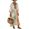 Generico Boho Caftano Vestito Lungo Donna - Estate Elegante Scollo V Mezze Maniche Lino Stampa vestibilità Ampia con Tasche Abito Spiaggia Vacanza Casual Chic Leggero Traspirante