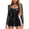 KBOPLEMQ Abito da donna, sexy, effetto bagnato, in pelle, laccato, con chiusura lampo, a maniche lunghe, mini abito in pelle laccata, sexy, mini abito da discoteca, taglie S-XXL, A nero, XXXXL
