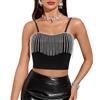 Segreto Canotta sexy da donna con strass, senza maniche, con frange, scollo a V, con spalline sottili, Maglietta nera, XL