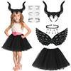 ACWOO Set Costume da Diavolo, 5 Pezzi Costume Diavolo Ragazza, Costume da Halloween per Bambina con Corna Tutù Nero Ali Collana e Adesivo, per Carnevale Halloween Imitazione Cosplay Festa