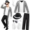 Orizizhic Costume pop super star per bambini e ragazzi, 5 pezzi, abiti pop anni '80 e '90, con giacca di paillettes nere, pantaloni, cappello, guanti, collana, per Halloween, cosplay, feste, età 8-9