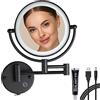 RECKODOR Specchio Trucco con Luci da Parete,Specchio Ingranditore 1X/5X Bifacciale Specchio Bagno Girevole a 360° Specchio Cosmetico in Ottone Estensibile Specchi per Radersi, Ricarica USB - Nero