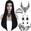 Ekukeon Parrucca Mercoledi, Parrucca Nera Lunga, con Collana Gotica, Orecchini e Maschera di Pizzo, Mercoledi Costume per Cosplay Halloween Carnevale Party