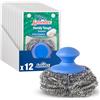Spontex Pratiche pagliette da cucina resistenti con manico, in acciaio inox riciclato al 90%, per pulire forni, barbecue, piatti in vetro e brocche, 12 pezzi