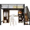 Azkoeesy Letto a Soppalco Cameretta con Scrivania, Armadio, Scala Salvaspazio di Sicurezza con Mensole Integrate, Libreria a 4 ripiani, Singolo in Metallo, per Adolescenti e Adulti, 90 x 200 cm, Nero