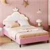 KRYZOR Letto imbottito 140 x 200 con rete, letto per bambini 140 x 200 con illuminazione a LED, motivo principessa, letti da ragazza con testiera a petali con corona, letti singoli imbottiti (rosa