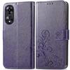 RankOne Custodia in Pelle per OPPO A18 / OPPO A38 (6.56 Inches), Cover a Portafoglio con 3 Fessure per Carte 1 Tasca Portamonete Motivo Quadrifoglio - Viola scuro