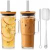 ALINK Confezione da 2 bicchieri in vetro con coperchio e cannuccia, 24 oz con manico, riutilizzabili per caffè freddo, succhi di frutta, acqua, confezione da 2 con 2 spazzole