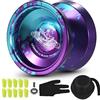 BuyWeek Palla YoYo in Alluminio per Adulti, 5,6 × 4,2 cm, Viola e Blu | Palla competitiva con cuscinetto di precisione, profilo a V, con 10 cordicelle, guanto e custodia, 65 g