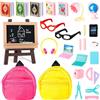 LZMDISU Set di forniture scolastiche per bambole, 30 pezzi, con mini bambola, occhiali, zaino, lavagna, computer portatili, righello, forbici, libro, pallet, calcolatrice di carta e accessori