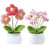 InteDesign Fiori all'Uncinetto Fatti a Mano, 2 Pezzi Pianta di Fiori Rosa all'Uncinetto, Fiori Puff all'Uncinetto Fatti a Mano, Bouquet Rosa Lavorato a Maglia, Piccola Pianta in Vaso Simulata, per