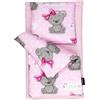 PinkZebra Set di biancheria da letto 3 pezzi per mini letto, coperta + cuscino + materasso, biancheria da letto con materasso, biancheria da letto in cotone, orso rosa