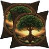 Generic Set di 2 federe per cuscini con albero della vita celtico, nero e verde, decorazione per interni, quadrate, bohémien, per casa, divano, letto, 45 x 45 cm