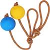 Worldly Pallina per cani con corda, 2 pezzi palla da lancio con corda, durevole, morbida ed elastica in gomma per agilità ed estremamente ampia, cattura e tiro della guerra (5 cm, blu + giallo)