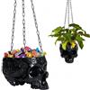 GUTE Fioriera da appendere e ciotola per caramelle di Halloween, vaso per piante a forma di teschio, nero, con catena e gancio in metallo, altezza 15,2 cm, per piante grasse, fiori, decorazione per