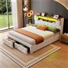 Ktipm Letto 180x200 cm con 2 Cassetti, Testiera con Porte USB e Luci LED | Letto Matrimoniale con Testiera Contenitore, Struttura Letti Matrimoniali con Doghe in Legno, Velluto, Senza Materasso, Beige