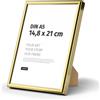JUNOMI® Cornice portafoto A5 (14,8 x 21 cm), alluminio oro lucido elegante - profilo slim, vetro acrilico antiurto, appendiatura orizzontale e verticale