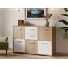 Dmora Credenza a Cinque Ante e Due cassetti nella Parte Centrale, Colore Bianco e Rovere, cm 115 x 77 x 30