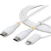 StarTech.com Cavo di ricarica USB-C 2-in-1 resistente da 2 m con adattatore Lightning, 30 W/60 W (3 A), Apple MFi, cavo di ricarica USB-C intrecciato per iPhone / iPad / Android, 2 m, USB-C, USB-C, 0,48 Gbit/s, bianco