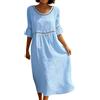 Generisch Abito estivo da donna, girocollo, da spiaggia, in cotone e lino, blusa, a 3/4 di manica, casual, stampa, midi, in lino, a-linea, da spiaggia, abito estivo, abito casual, O blu., XL