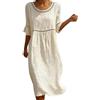 Generisch Abito estivo da donna, girocollo, da spiaggia, in cotone e lino, blusa, a 3/4 di manica, casual, stampa, midi, in lino, a linea A, da spiaggia, abito estivo, abito casual, O bianco., XL