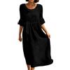 Generisch Abito estivo da donna, girocollo, da spiaggia, in cotone e lino, blusa, a 3/4 di manica, casual, stampa, midi, in lino, a linea A, da spiaggia, abito estivo, abito casual, O nero., XL