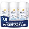 Dove Deodorante Roll On, Classic Care, Deodorante Antitraspirante Roll On, Protezione Fino a 48 Ore, con 1/4 di Crema Idratante, Formula Delicata, Deodorante Uomo e Donna, 6 Pezzi da 50 ml