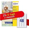 Avery Italia L4736REV-30P Etichette adesive carta bianca adesivo rimovibile nessun residuo, 25+5 fogli extra, rettangolari 45,7x21,2mm, 48 etichette per foglio, adesivo rimovibile, stampa laser/inkjet