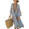 Generico Boho Caftano Vestito Lungo Donna - Estate Elegante Scollo V Mezze Maniche Lino Stampa vestibilità Ampia con Tasche Abito Spiaggia Vacanza Casual Chic Leggero Traspirante