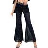Generisch Pantaloni a zampa, da donna, per carnevale, carnevale, con paillette, a vita alta, in rete trasparente, pantaloni da danza, abbigliamento estivo, colore nero, con elastico in vita