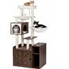 Relaxdays, tiragraffi per gatti con armadietto per la lettiera e dispenser per cibo, dimensioni 144x71x45,5 cm, pali in sisal e cuccia, aspetto legno, colore marrone