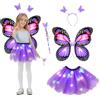 AYBUY Costume Farfalla Bambina, 4Pcs Costume Da Farfalla Luminosa con Ali Gonna Tutù Cerchietto Bacchette, Ragazze Fata Costume Fancy Dress Up per Halloween, carnevale