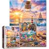 Tucocoo Seaside - Puzzle da 1000 pezzi per adulti, motivo: faro sulla spiaggia, in bottiglia di vetro, scena, puzzle colorato, oceano, tramonto, barca a vela, opera d'arte rilassante, impegnativo, divertente
