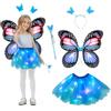 AYBUY Costume Farfalla Bambina, 4Pcs Costume Da Farfalla Luminosa con Ali Gonna Tutù Cerchietto Bacchette, Ragazze Fata Costume Fancy Dress Up per Halloween, carnevale