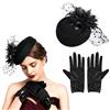 Qzakce Donne Fascinators Cappello Vintage Elegante Velo Piuma Capelli Clip Cappello da Fascinatore e Guanti per Matrimonio Cocktail Tea Party Sera Partito Accessori per Costumi