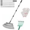 Jinfanshurich Rastrello da giardino in acciaio inox, 25+11 denti, con manico regolabile, 70-185 cm, per carichi pesanti, rastrello da giardino, con guanti, per prato, fogliame
