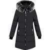 Juankrynord Piumino da donna con cappuccio e collo lungo in pelliccia sintetica elegante collo in pelliccia sintetica tinta unita tasche con cerniera stile casual antivento (nero,M)