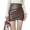 RSBFK Minigonna asimmetrica a portafoglio da donna in ecopelle con orlo a tulipano increspato con pantaloncini foderati, Marrone, XS