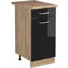 Vicco Mobiletto base cucina R-Line, Nero lucido/Rovere dorato 40 cm | 1 Cassetto · Piano di lavoro incl. · Piedini regolabili in altezza · 1 Anta · ✓ Liberamente combinabile