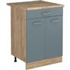 Vicco Mobiletto base cucina R-Line, Grigio-blu/Rovere dorato 60 cm | 2 Ante · Piano di lavoro incl. · Piedini regolabili in altezza · 1 Ripiano · ✓ Liberamente combinabile