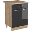 Vicco Mobiletto base cucina R-Line, Antracite lucido/Rovere dorato 60 cm | 2 Ante · Piano di lavoro incl. · Piedini regolabili in altezza · 1 Ripiano · ✓ Liberamente combinabile