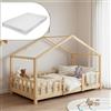 [en.casa] Letto per Cameretta Montessori Letto a Forma di Casetta con Barriera di Protezione per Bambini Struttura in Legno di Pino Materasso a Schiuma Fredda 80x160 cm Naturale