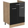 Vicco Mobiletto base cucina R-Line, Nero lucido/Rovere dorato 60 cm | 2 Ante · Senza piano di lavoro · Piedini regolabili in altezza · 1 Ripiano · ✓ Liberamente combinabile