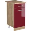 Vicco Mobiletto base cucina R-Line, Rosso lucido/Rovere dorato 40 cm | 1 Cassetto · Piano di lavoro incl. · Piedini regolabili in altezza · 1 Anta · ✓ Liberamente combinabile