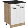 Vicco Mobiletto base cucina R-Line, Bianco country/Rovere dorato 60 cm | Frontale in MDF · + Piano di lavoro · Piedini regolabili in altezza · 1 Ripiano · Liberamente combinabile
