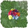 VOHESEA Set di 96 foglie di palma artificiali, 4 tipi di palma tropicale, foglie e fiori di ibisco, pianta tropicale, pianta di palma, foglie per giungla, spiaggia, hawaiana, festa da tavolo